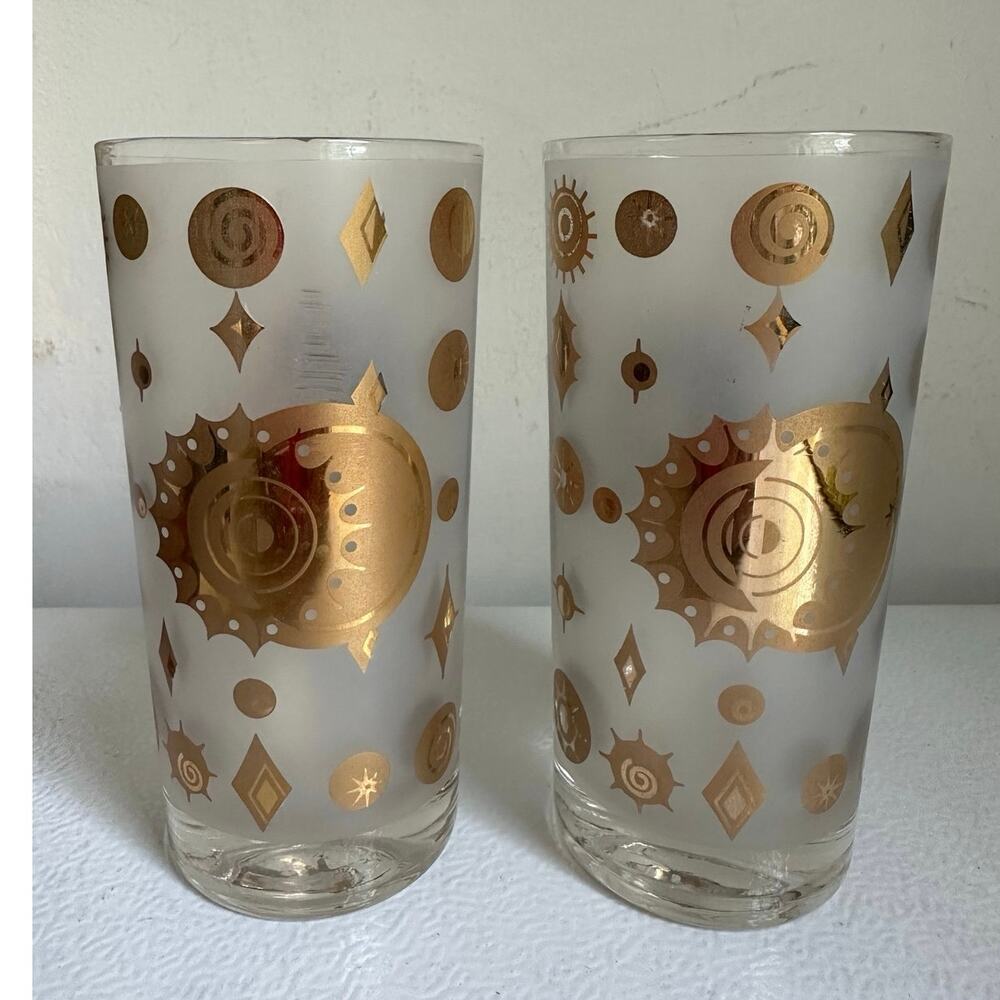 2 Atomic Starburst Fred Press Highball Glasses signed sun moon gold 5 5/8”